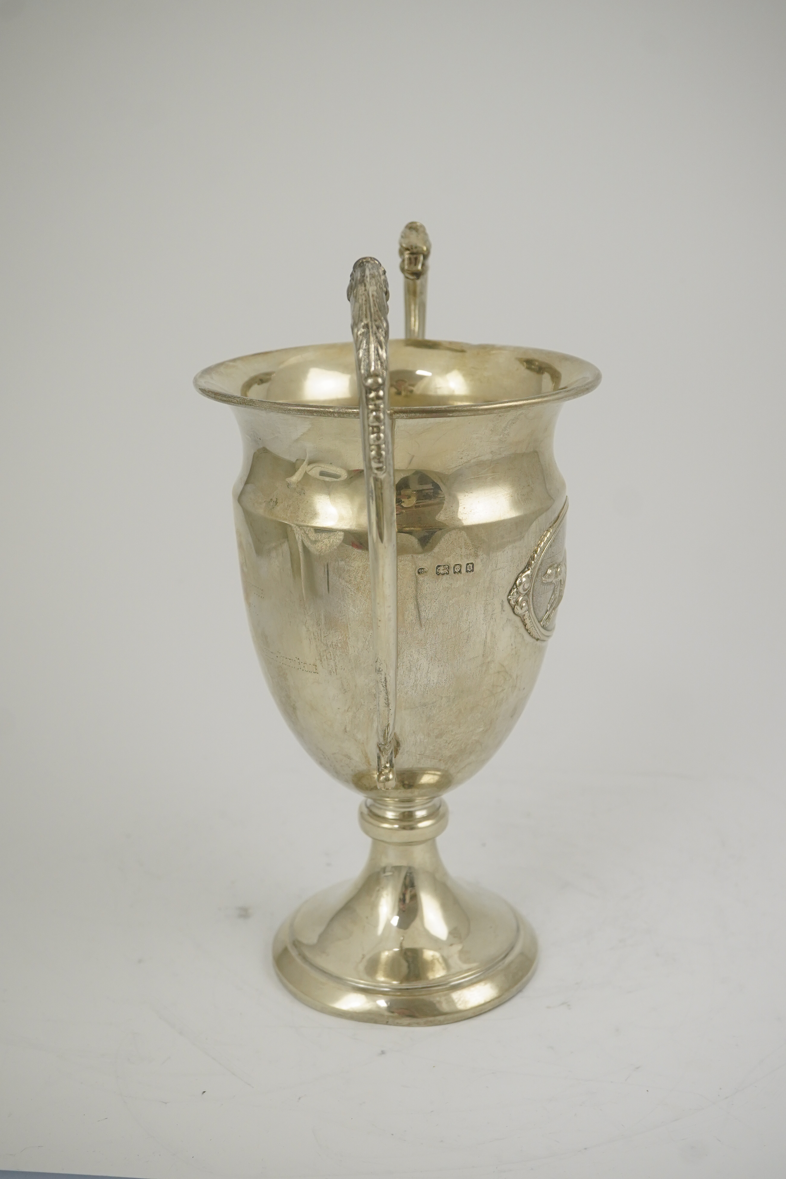 A George V silver two handled presentation greyhound trophy cup, 'The Purley Cup', by Blackmore & Fletcher Ltd